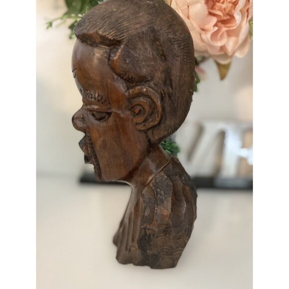 Vintage 1960s Tribal Man Hand Carved African Male Exotic Wood 8" Head Bust Stump - Picture 7 of 16